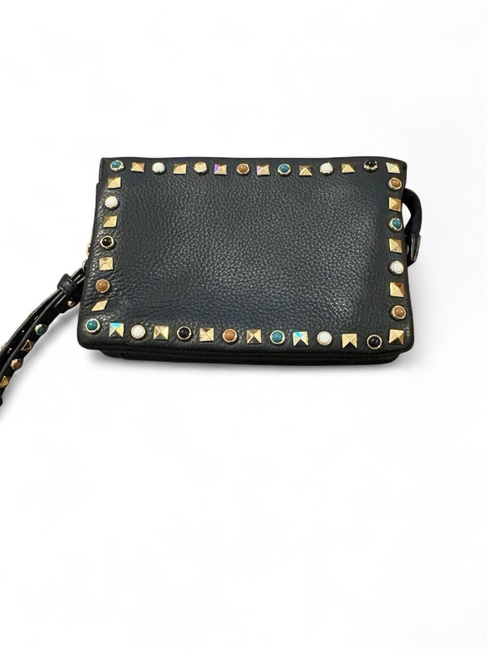 Vince Camuto Black Leather Studded Wristlet with Multicolor Stones